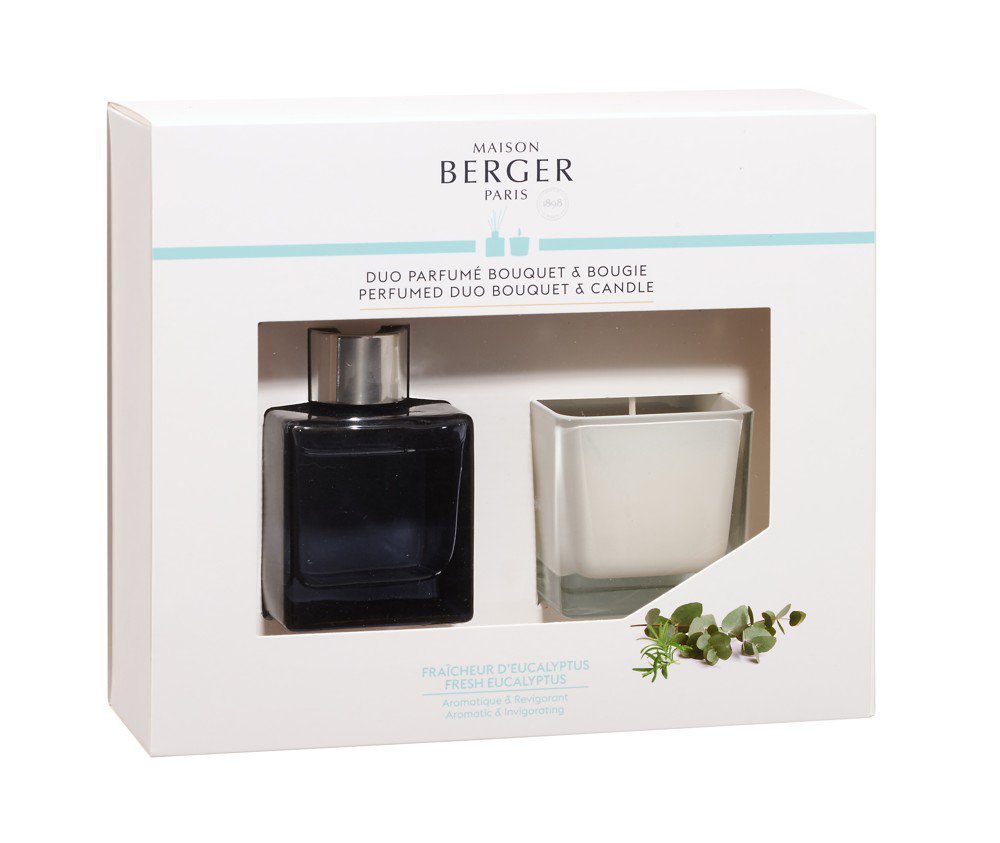 Dárková sada Duo Mini: aroma Difuzér Cube s náplní 80 ml + svíčka 80 g, Čerstvý eukalyptus