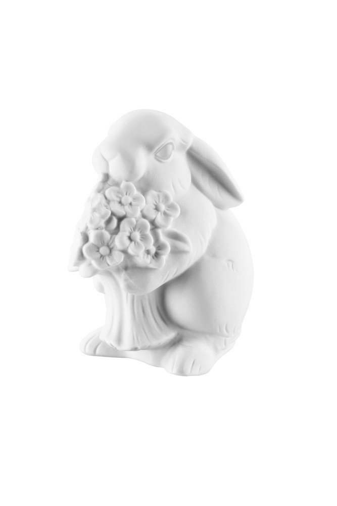 Velikonoční porcelánová dekorace Zajíc s kyticí, white biscuit, 10 cm