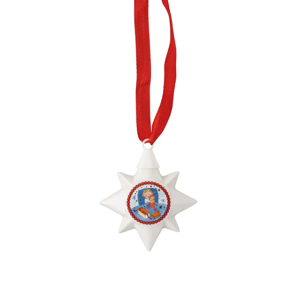 Porcelánová mini hvězda motiv Dárek, Štědrý večer, Ø 6,5 cm