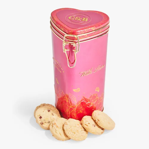 With Love sušenky s jahodami a bílou čokoládou, dárková kovová dóza ve tvaru srdce, 150 g