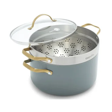 GreenPan Hrnec s nepřilnavým keramickým povrchem se skleněnou poklicí a cedníkem, 24 cm, zelená