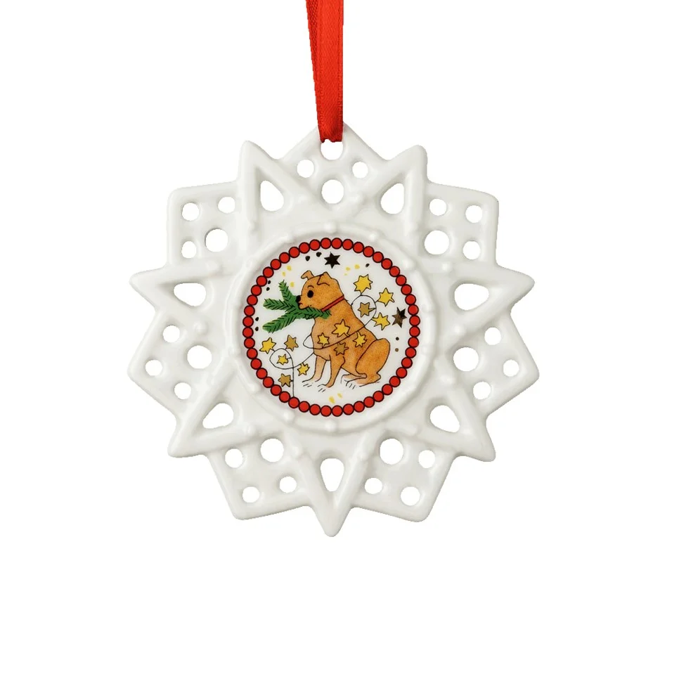 Porcelánová ozdoba Vločka, motiv Pes, Vánoční světýlka, Ø 7,5 cm