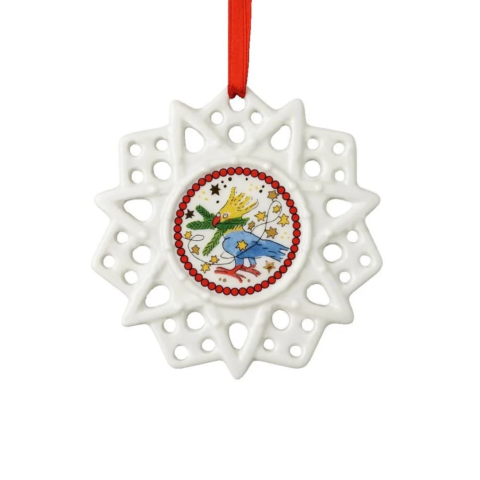 Porcelánová ozdoba Vločka, motiv Papoušek, Vánoční světýlka, Ø 7,5 cm