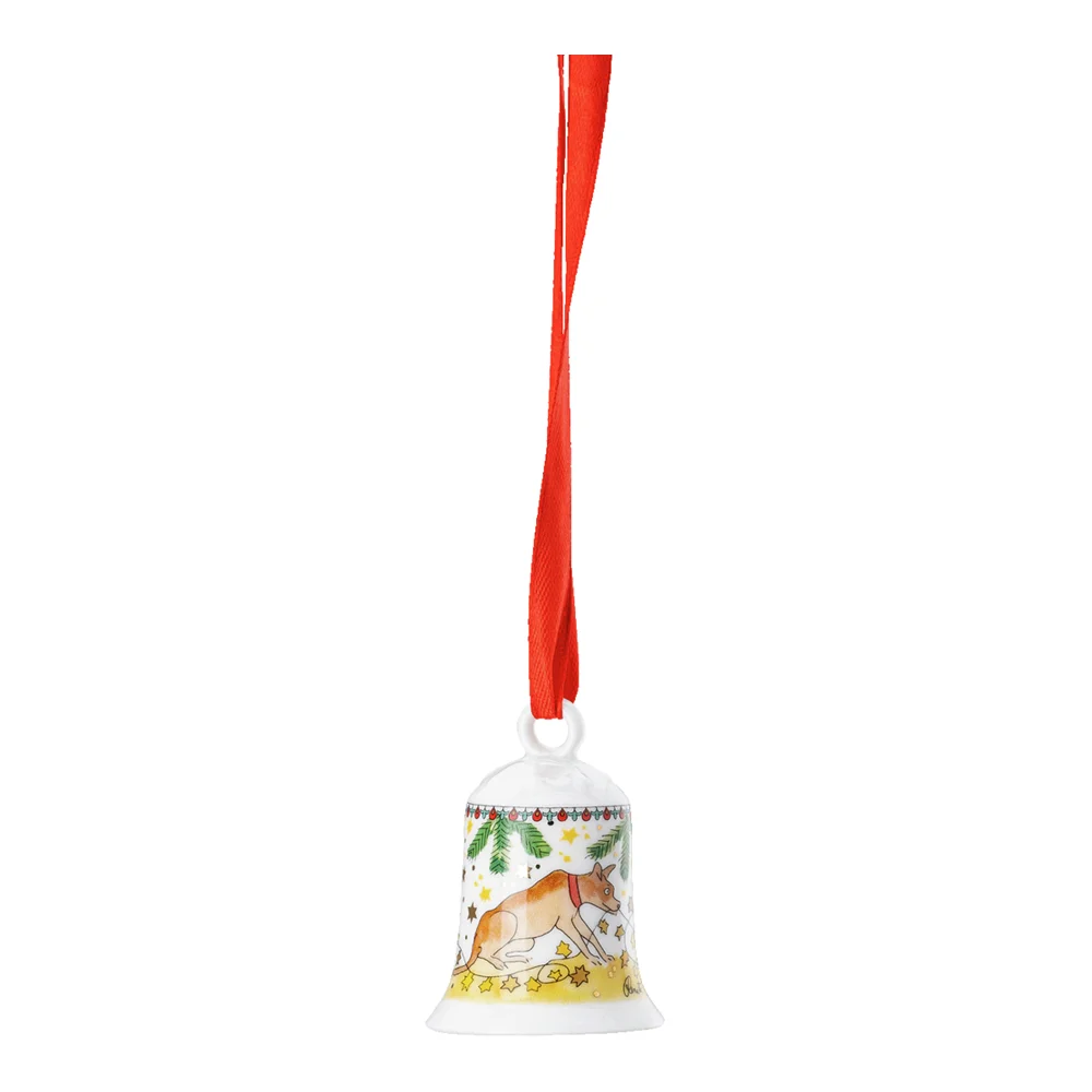 Porcelánový mini zvonek, motiv Pes, Vánoční světýlka, 5 cm
