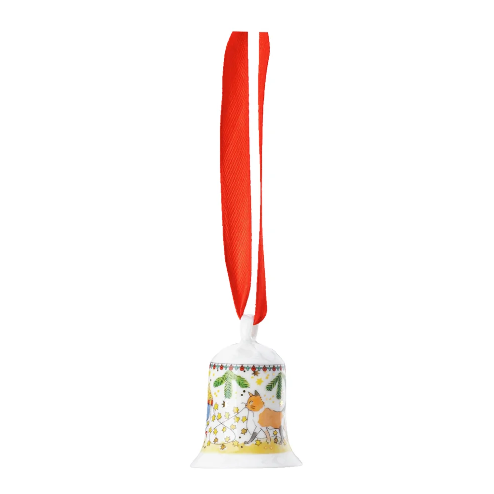 Porcelánový mini zvonek, motiv Kočka, Vánoční světýlka, 5 cm