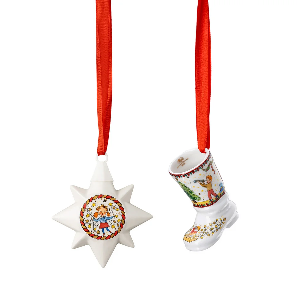Vánoční set porcelánové Mini ozdoby hvězda/bota, Vánoční světýlka, Ø 6,5/5,2 cm