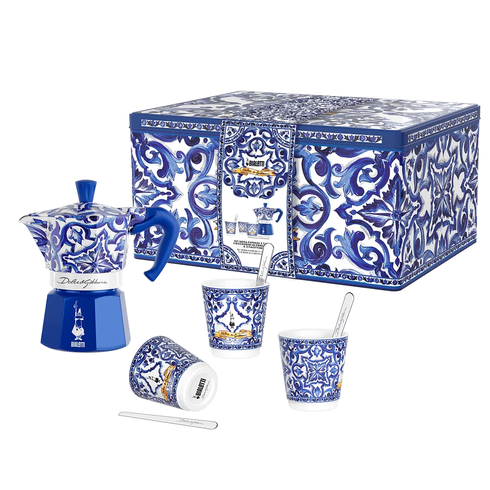 Dárková sada Moka Express konvička Blu Mediterraneo, 3 pohárky, míchátka