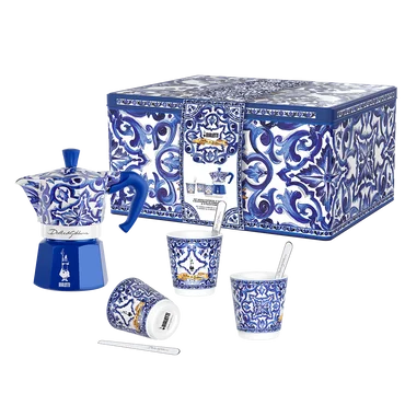 Bialetti Dárková sada Moka Express konvička Blu Mediterraneo, 3 pohárky, míchátka