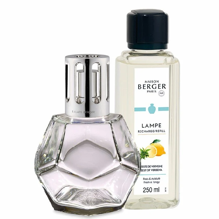 Darčeková sada: katalytická lampa Geometry transparentná + Verbena, 250 ml