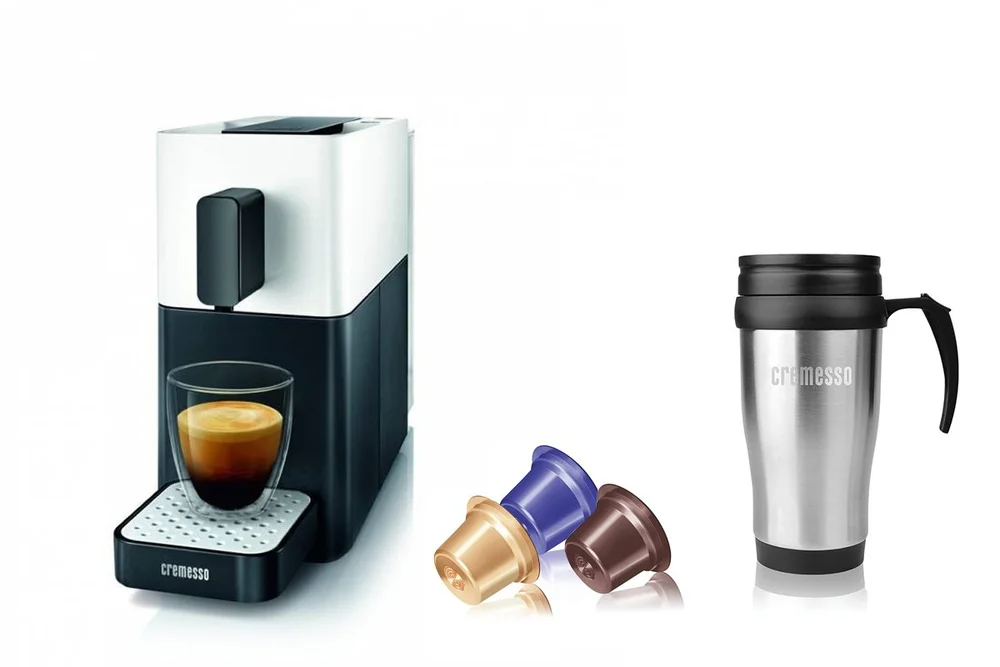Výhodná súprava - kávovar Easy Shell White / Midnight Black s termohrnčekom a 60 kapsulami kávy