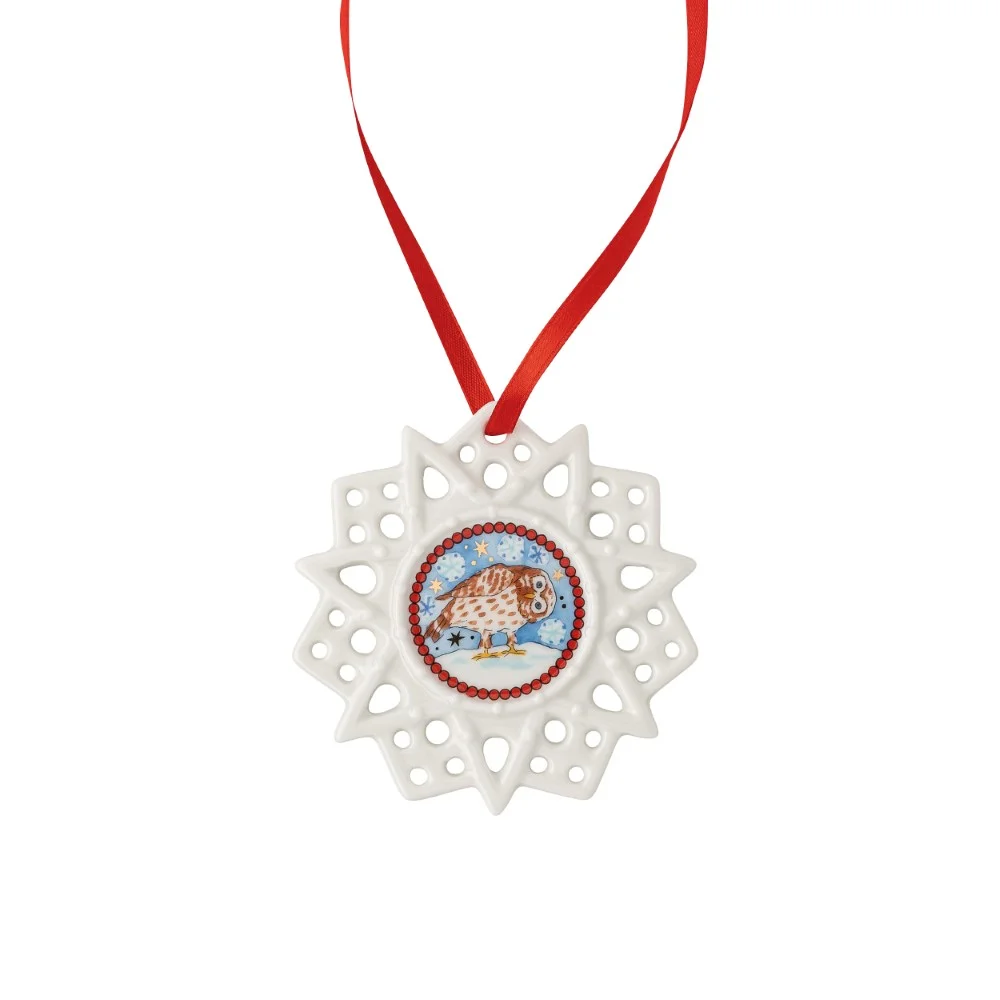 Porcelánová ozdoba Vločka, motív Sova, Štedrý večer, Ø 7,5 cm