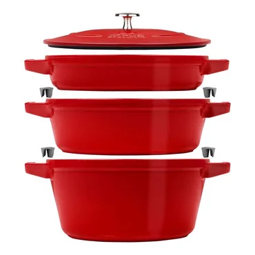 Staub Sada 3v1: liatinový hrniec, kastról a panvica s pokrievkou, Ø 24 cm, červená