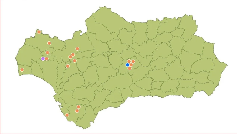Mapa stanovíšť včelích úľov VerceMiel v Andalúzii.